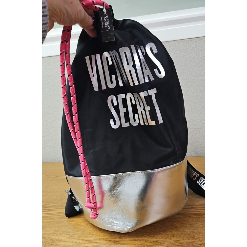 Victoria's Secret PINK Backpack Gym PE Bag Black Silver Large L 17" NWT